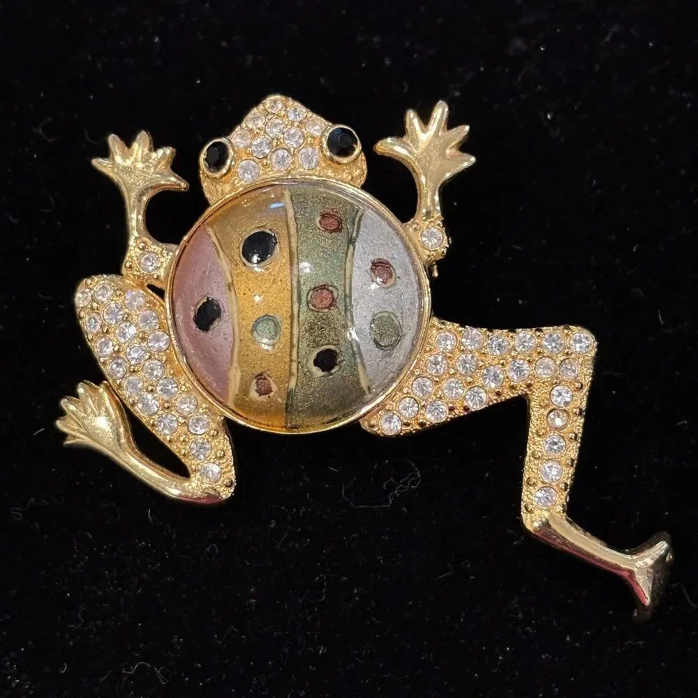 St. John Frog Brooch with Swarovski Crystals and Light Color Enamel Details